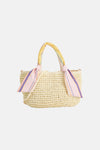 Ecru schoudertas van gevlochten raffia van PIECES® met meerkleurige gestreepte stoffen handvatten.