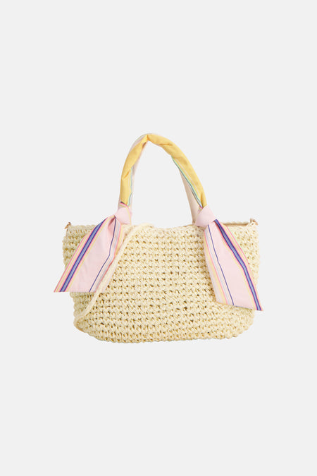 Ecru schoudertas van gevlochten raffia van PIECES® met meerkleurige gestreepte stoffen handvatten.