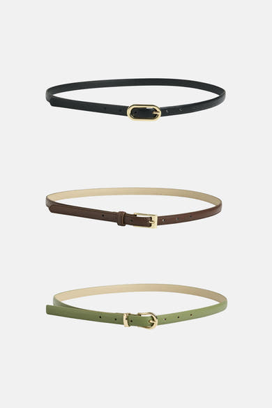 Dunne meerkleurige riemen van PIECES®, in zwart, bruin en olijfgroen leer, met gouden gespen.