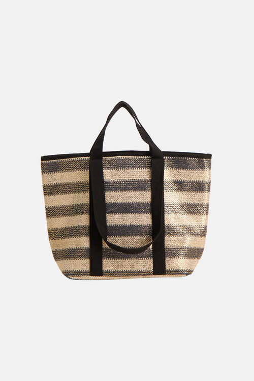 Sac à bandoulière multicolore de PIECES®, rayures horizontales paille et noir, anses noires.
