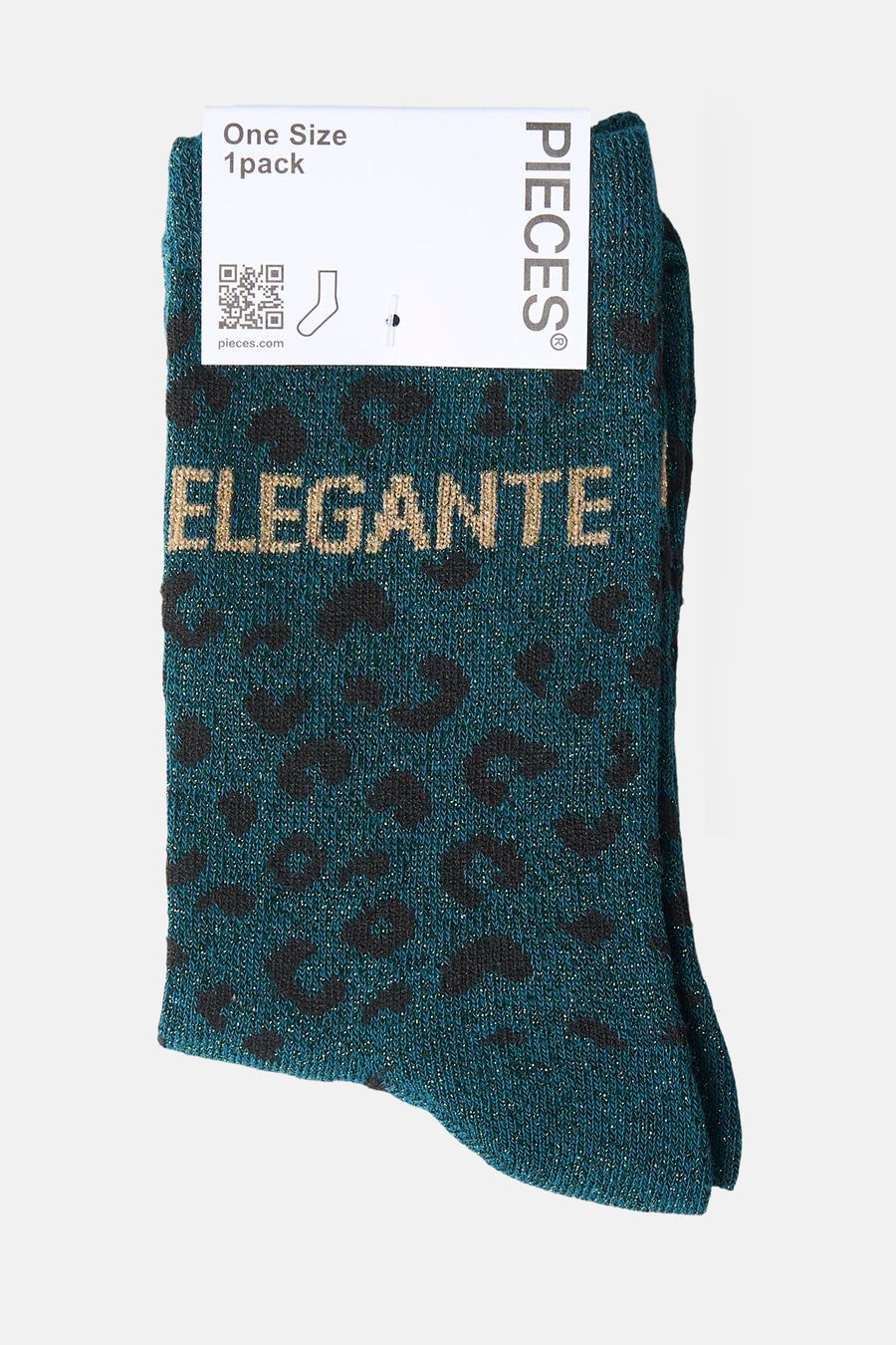 Teal leopard-print socks with gold "ELEGANTE" text by Pieces, folded with tag, textured knit, one size.