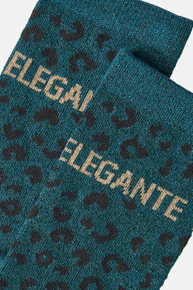 Teal shimmer socks with black leopard spots and gold "ELEGANTE" text, close-up view