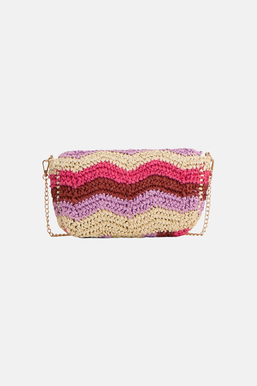 Sac à bandoulière multicolore en paille de PIECES®, avec motif chevrons et chaîne dorée.