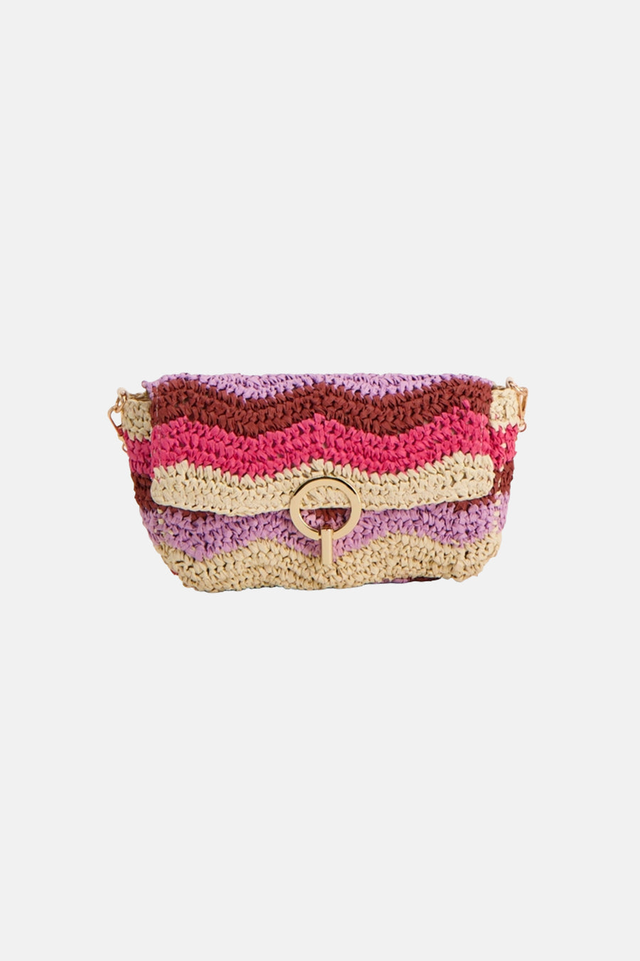 Multikleurige schoudertas van PIECES® van gevlochten raffia met golvende strepen en gouden sluiting.