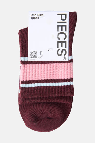Burgundy and pink striped socks by Pieces with light blue accents, ribbed texture, folded front view