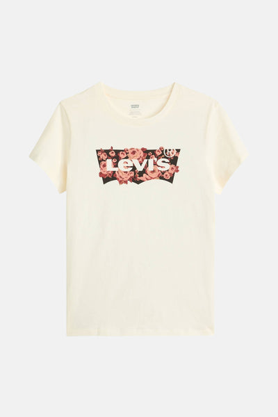 Beige T-shirt met korte mouwen van Levi's met bloemenlogo op de voorkant.
