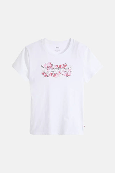 T-shirt à manches courtes blanc de Levi's orné d'un logo floral rose sur le devant.