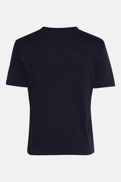 Blauwe T-shirt met korte mouwen van MANGO, klassieke pasvorm, van achteren gezien op een neutrale achtergrond.
