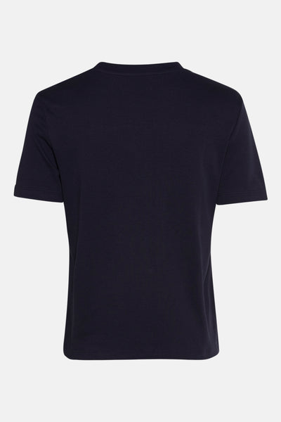 Blauwe T-shirt met korte mouwen van MANGO, klassieke pasvorm, van achteren gezien op een neutrale achtergrond.
