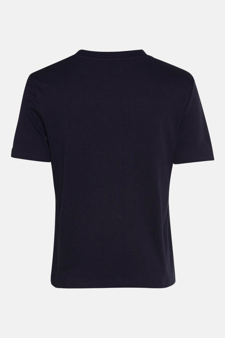 Blauwe T-shirt met korte mouwen van MANGO, klassieke pasvorm, van achteren gezien op een neutrale achtergrond.
