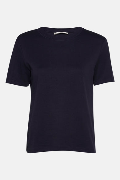 Blauw T-shirt met korte mouwen van MANGO, effen en casual, op een lichte achtergrond.