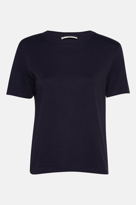 Blauw T-shirt met korte mouwen van MANGO, effen en casual, op een lichte achtergrond.