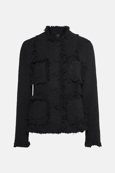 Blazer noir de MANGO, avec texture tweed, poches plaquées et détail effiloché.