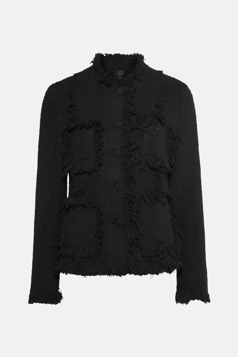 Blazer noir de MANGO, avec texture tweed, poches plaquées et détail effiloché.