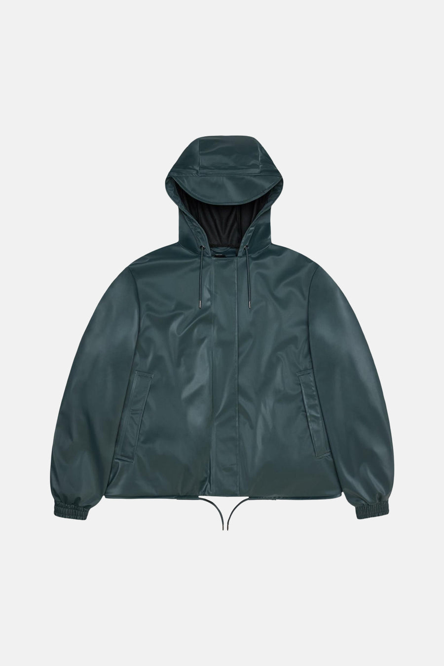 Dark green hooded casual jacket with front zipper, side pockets, and elastic cuffs, shown in front view
