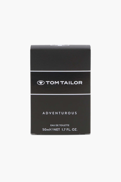 Parfum noir pour homme de Tom Tailor, présenté dans un emballage cartonné texturé.