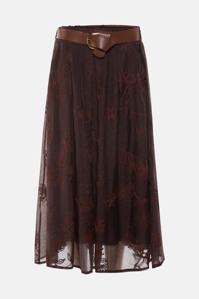 Brown sheer midi skirt with floral embroidery and pleated design, featuring a matching brown belt with gold buckle, front view.