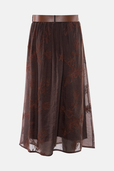 Brown sheer midi skirt with floral embroidery and leather waistband, front view