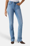 Mid blue bootcut jeans by 725, featuring faded wash and classic five-pocket design, shown on model with brown pointed-toe boots.