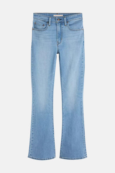 Mid blue bootcut jeans by 725, faded denim with classic five-pocket styling, front view