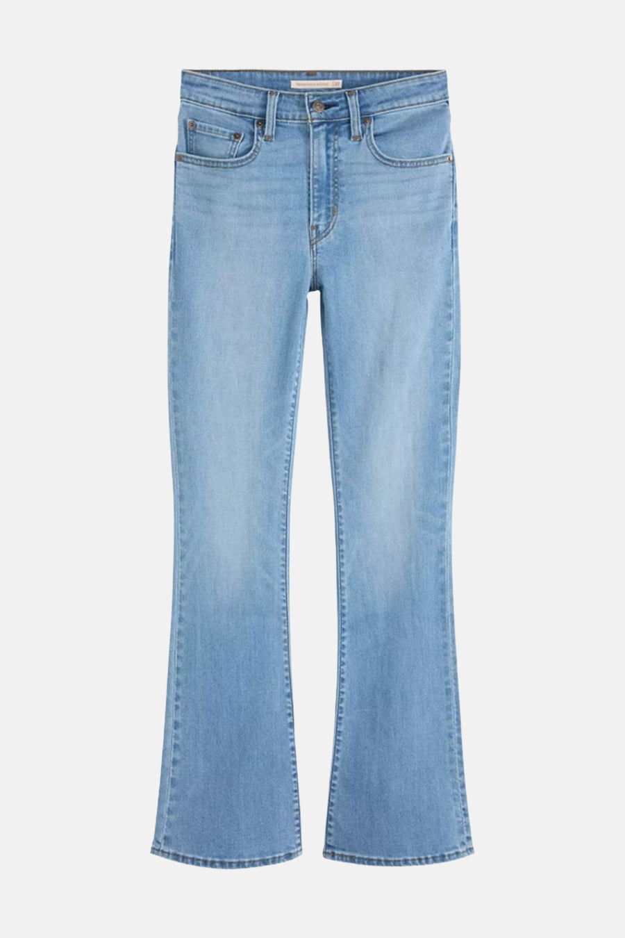 Mid blue bootcut jeans by 725, faded denim with classic five-pocket styling, front view