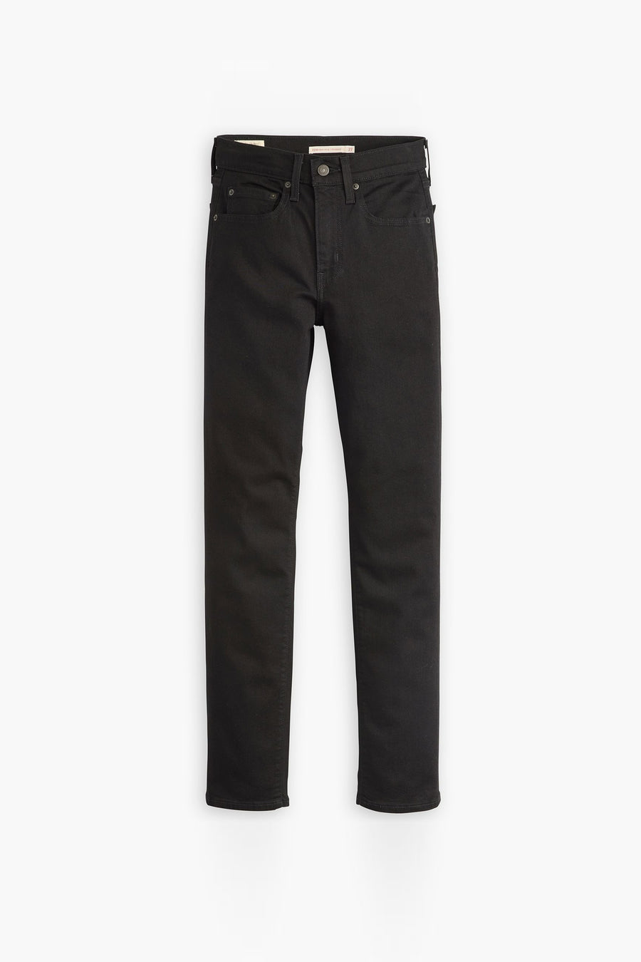 Jean droit en denim noir de Levi's, sur fond blanc.