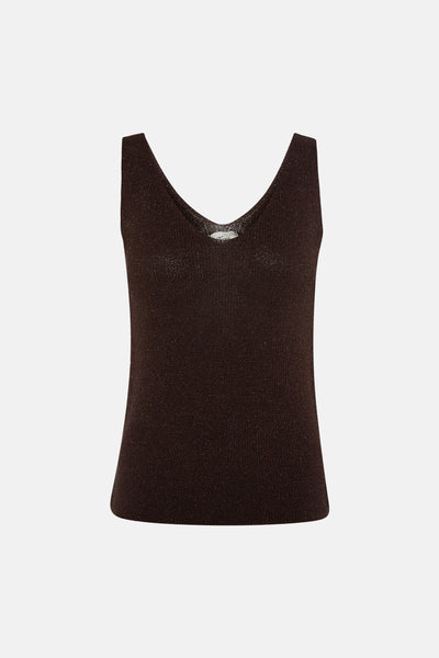 Brown sleeveless top with subtle shimmer and V-neckline, front view, textured knit fabric