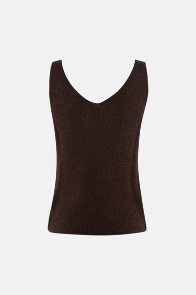 Brown sleeveless top with V-neck and subtle shimmer, front view
