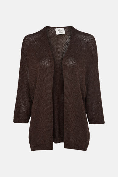 Bruin vest met ajourgebreide structuur van Terra di Siena, met driekwartmouwen.