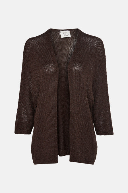 Bruin vest met ajourgebreide structuur van Terra di Siena, met driekwartmouwen.