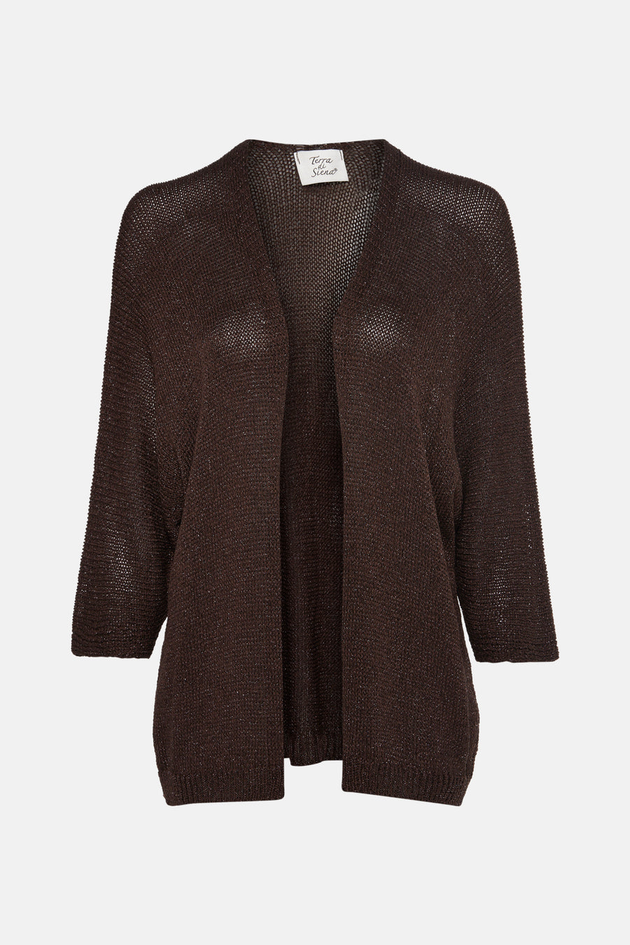 Bruin vest met ajourgebreide structuur van Terra di Siena, met driekwartmouwen.