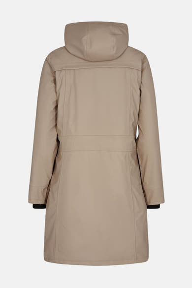 Imperméable taupe de FREEQUENT, avec capuche et coupe longue, vue de dos.

