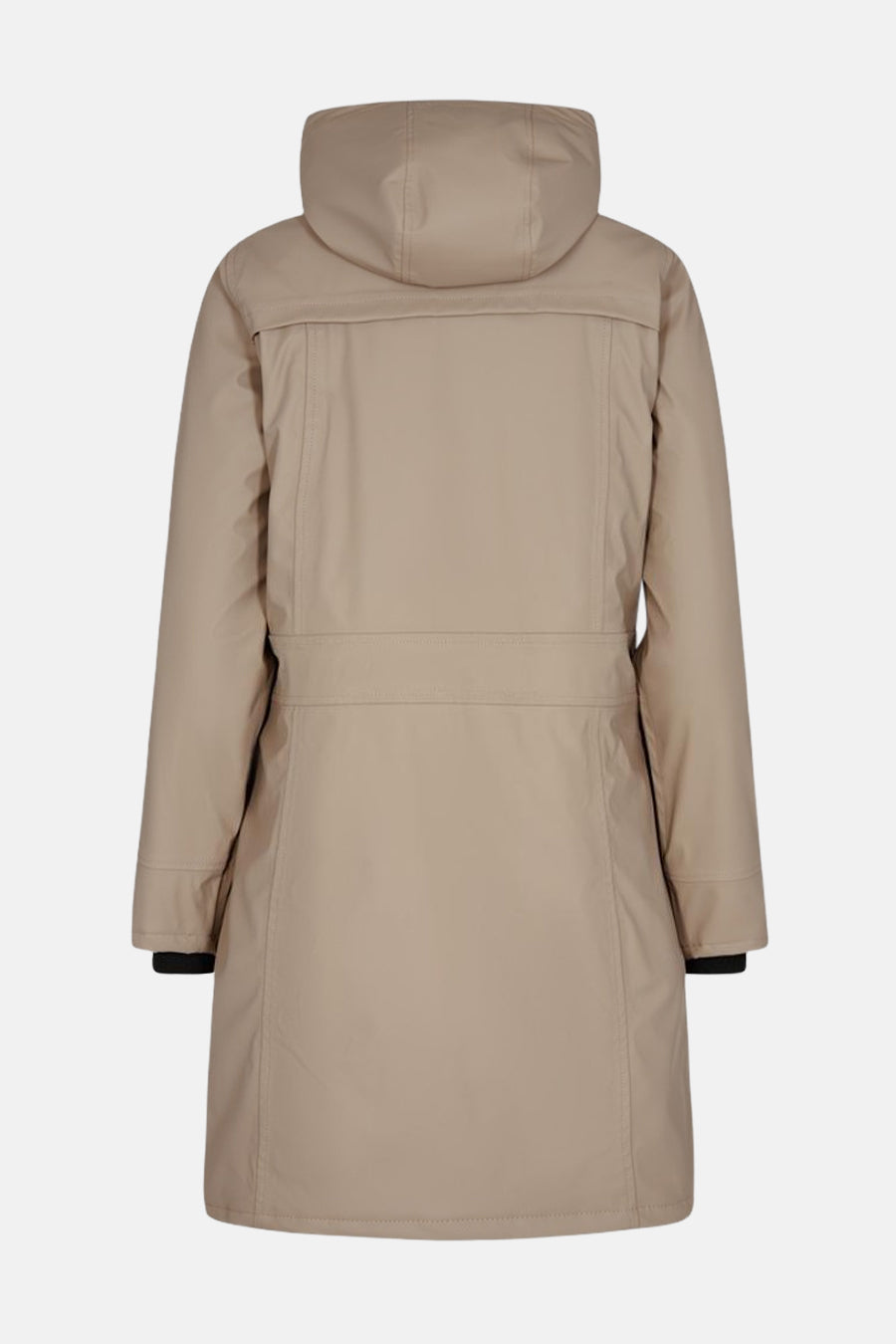 Imperméable taupe de FREEQUENT, avec capuche et coupe longue, vue de dos.
