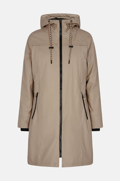 Imperméable taupe de FREEQUENT avec capuche, fermeture éclair noire et cordons décoratifs.