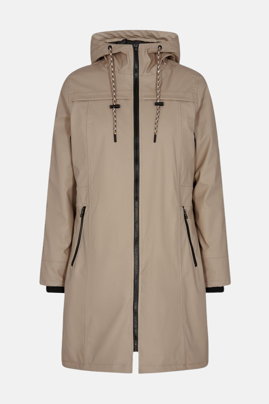 Imperméable taupe de FREEQUENT avec capuche, fermeture éclair noire et cordons décoratifs.