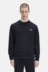 Blauwe sweater met ronde hals van Fred Perry, met geborduurd logo op de borst en geribbelde boorden.