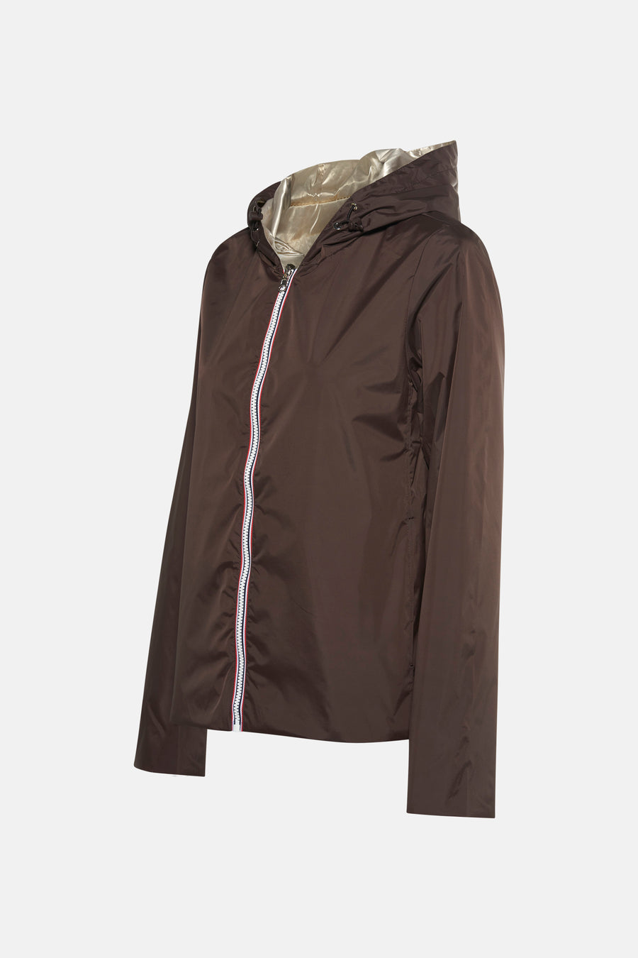 Veste de pluie marron par LAURA JO avec capuche et fermeture éclair tricolore.