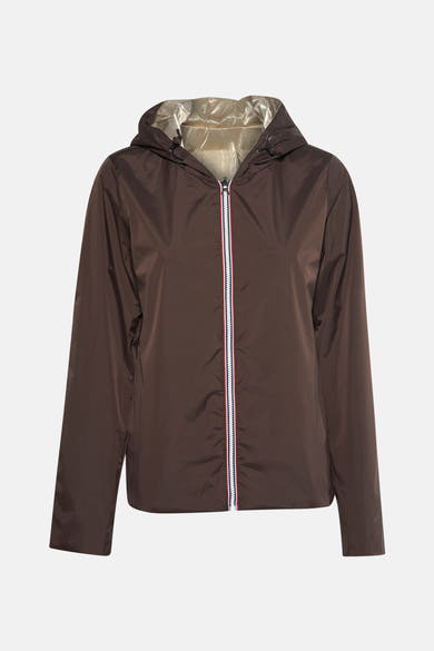 Veste de pluie marron de LAURA JO avec capuche et fermeture éclair rayée.