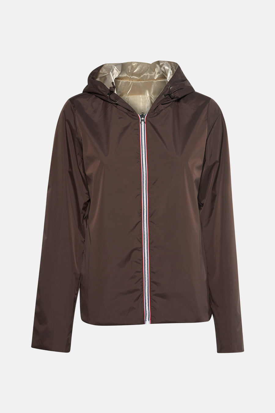 Veste de pluie marron de LAURA JO avec capuche et fermeture éclair rayée.