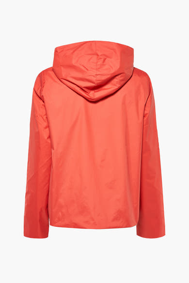 Veste de pluie corail par LAURA JO, avec une capuche et des manches longues, vue de dos.
