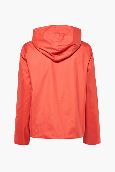 Veste de pluie corail par LAURA JO, avec une capuche et des manches longues, vue de dos.