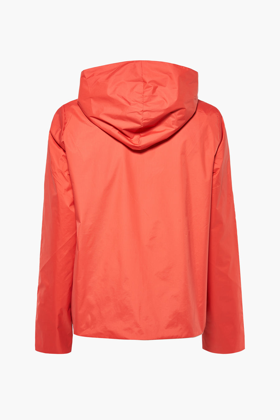 Veste de pluie corail par LAURA JO, avec une capuche et des manches longues, vue de dos.