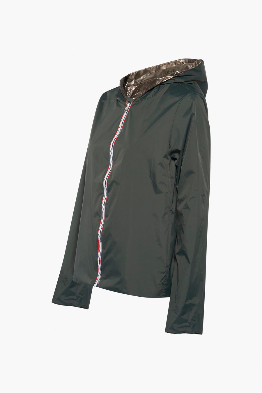 Veste de pluie verte de LAURA JO avec fermeture éclair tricolore et doublure métallisée dans la capuche.