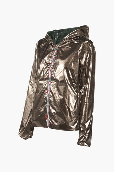 Glanzende bronzen regenjas van LAURA JO met capuchon en driekleurige ritssluiting.