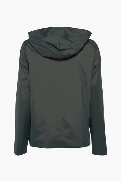 Veste de pluie verte de LAURA JO, avec une capuche, vue de dos.