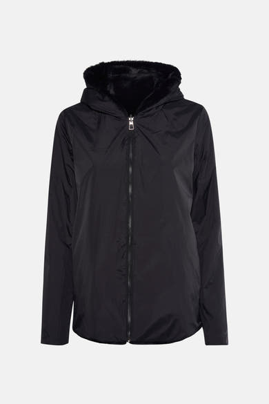 Veste de pluie noire de LAURA JO avec capuche et doublure en fourrure synthétique.