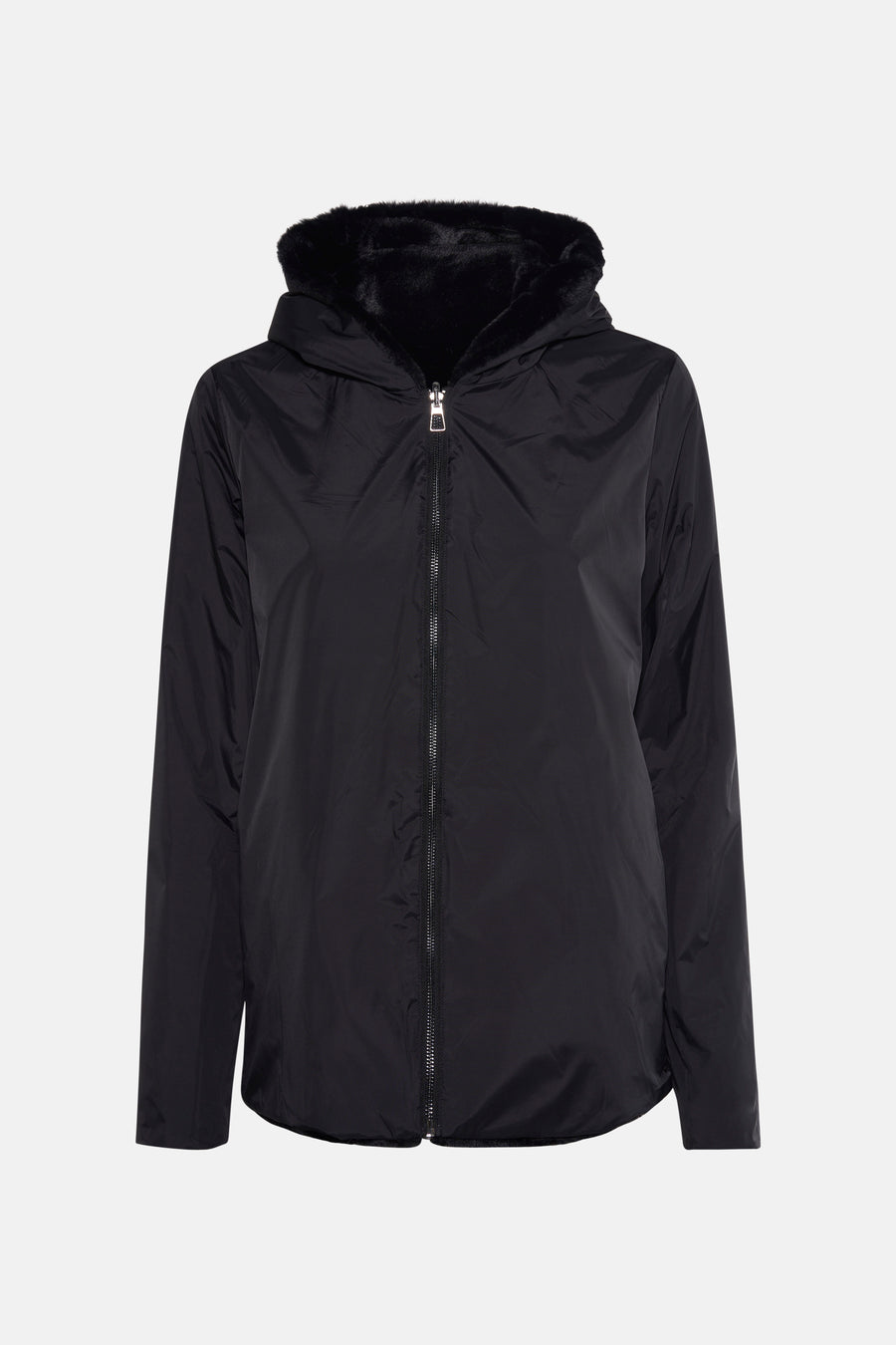 Veste de pluie noire de LAURA JO avec capuche et doublure en fourrure synthétique.