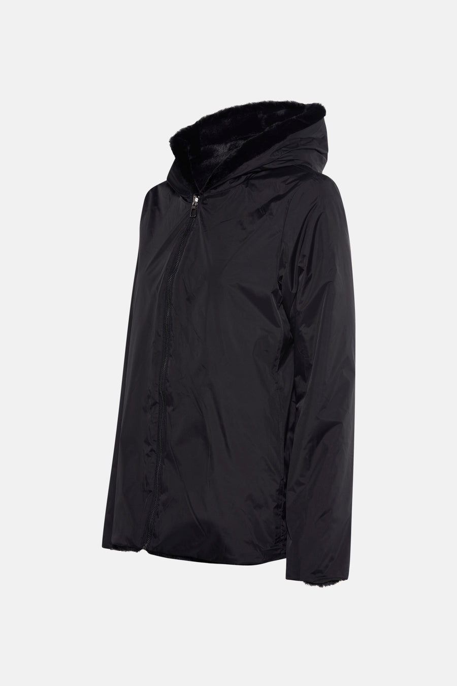 Veste de pluie noire de Laura Jo, avec une capuche bordée de fausse fourrure, fermeture éclair sur le devant.
