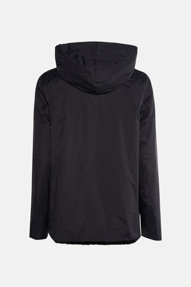 Veste de pluie noire de LAURA JO, avec capuche et détails en fausse fourrure à l'ourlet.
