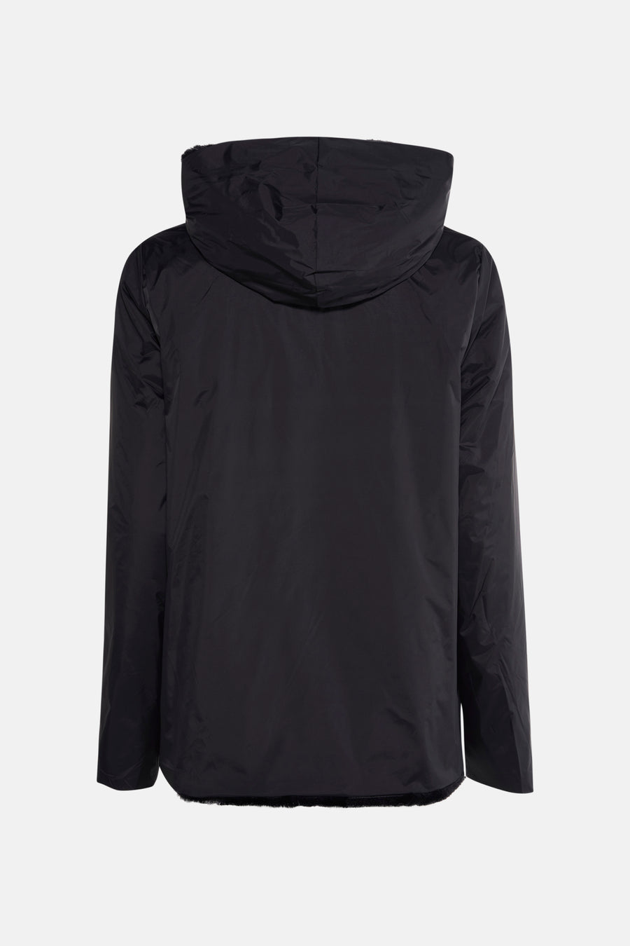 Veste de pluie noire de LAURA JO, avec capuche et détails en fausse fourrure à l'ourlet.